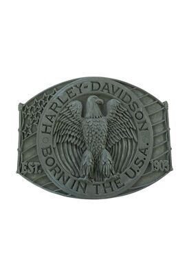 Vintage 70s Harley Davidson Belt Buckle Matte Grey Born in USA Raintree